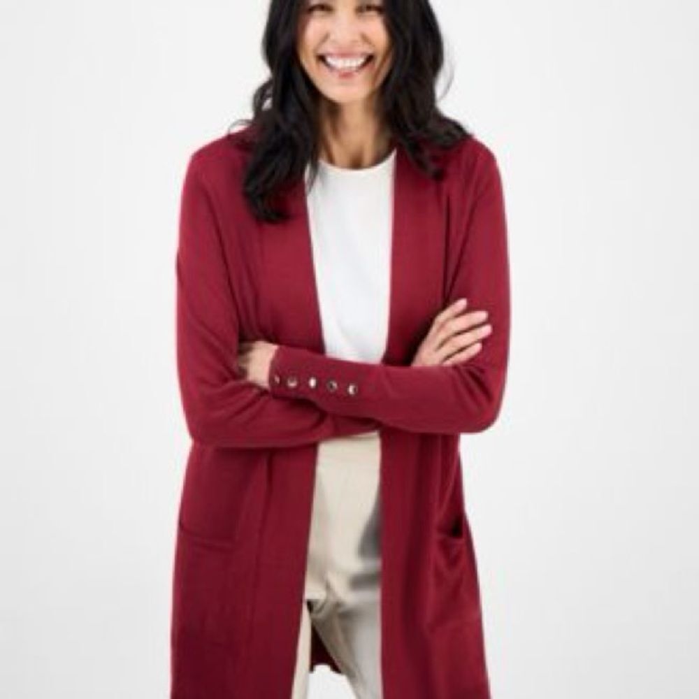 JM Collections Open-Front Button-Cuff Cardigan Sweater burnt red